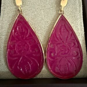Carved Pink Jade Drop Earrings in 18kt Gold Over Sterling